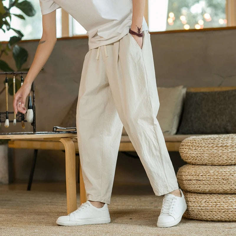 Pantalones de Lino para Hombre con Cintura Elástica y Corte Tapered Recortado