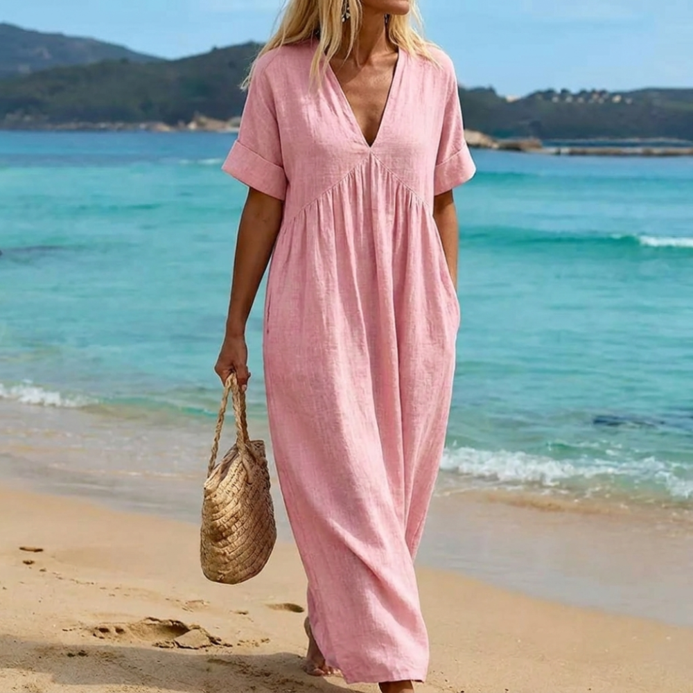 Vestido largo para mujer - corte fluido con escote en pico para playa