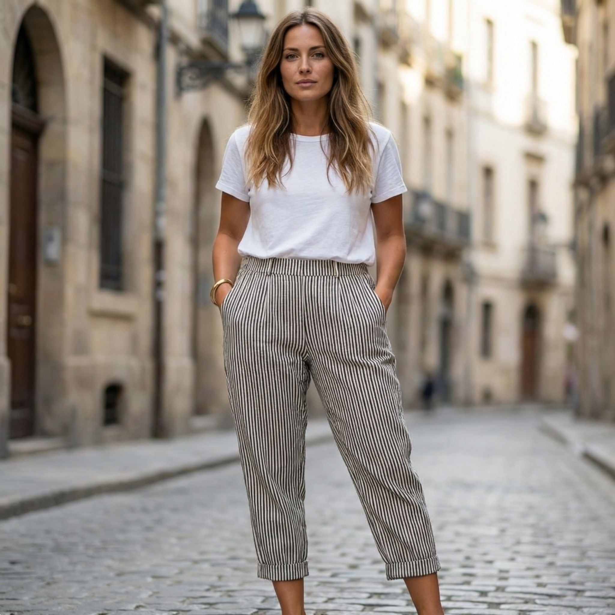 Pantalones Capri de Pernera Ancha con Rayas Verticales y Talle Alto para Mujer
