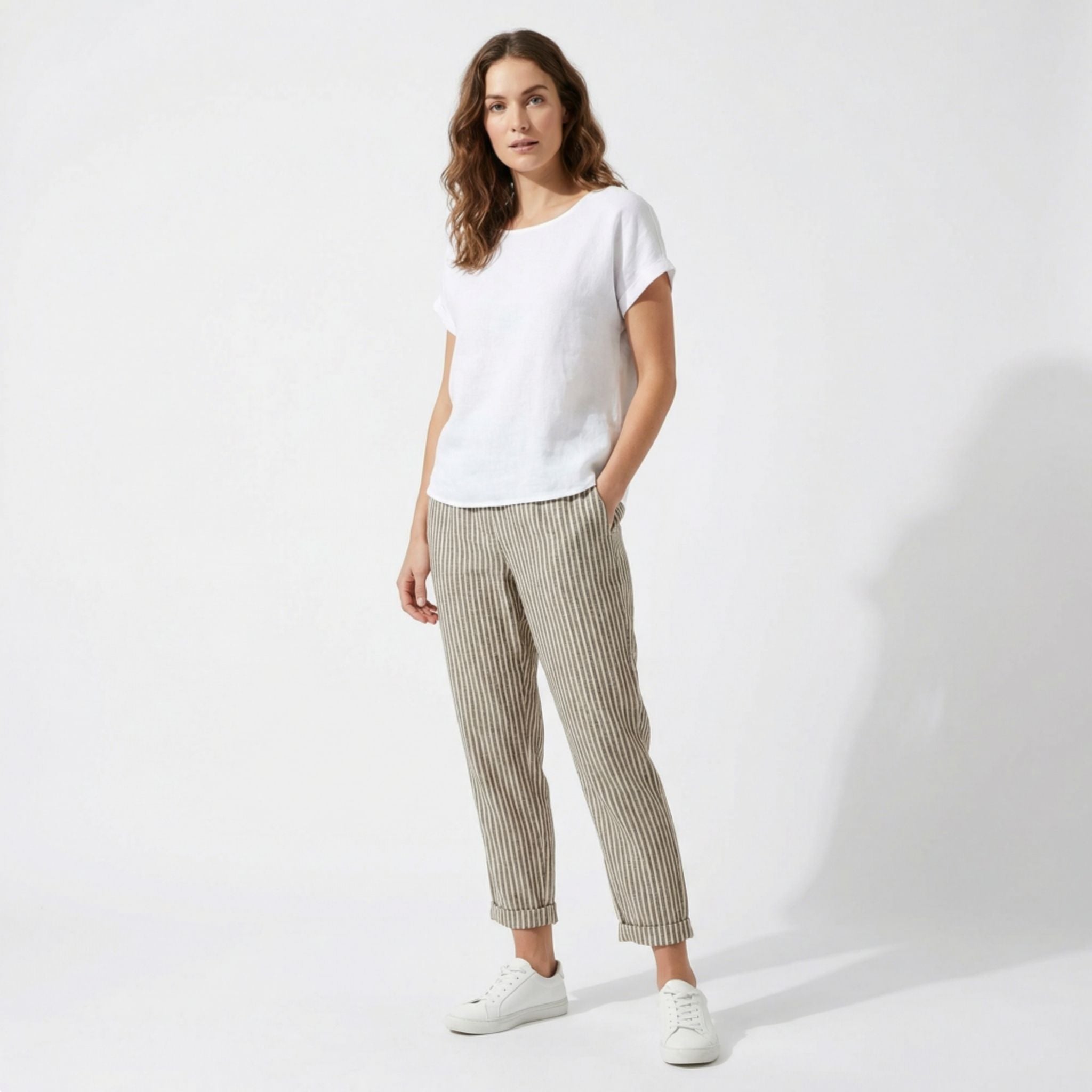 Pantalones Capri de Pernera Ancha con Rayas Verticales y Talle Alto para Mujer
