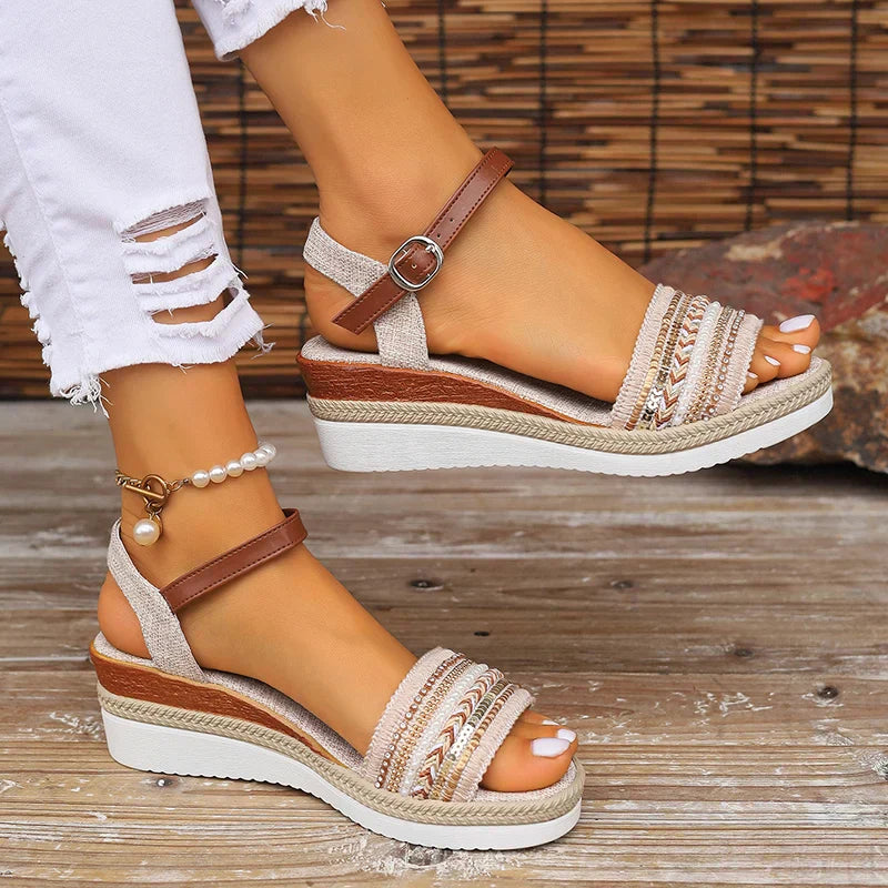 Sandalias de cuña para mujer - tira al tobillo con pedrería - vacaciones
