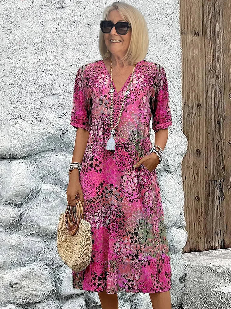 Vestido midi estampado para mulher — corte evasé com decote em V — uso diário
