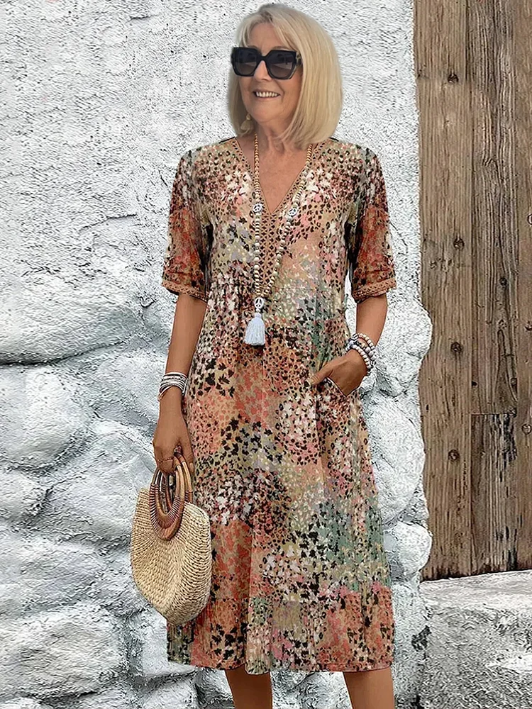 Vestido midi estampado para mulher — corte evasé com decote em V — uso diário