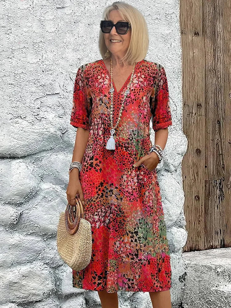 Vestido midi estampado mujer — corte en a con cuello en v — diario
