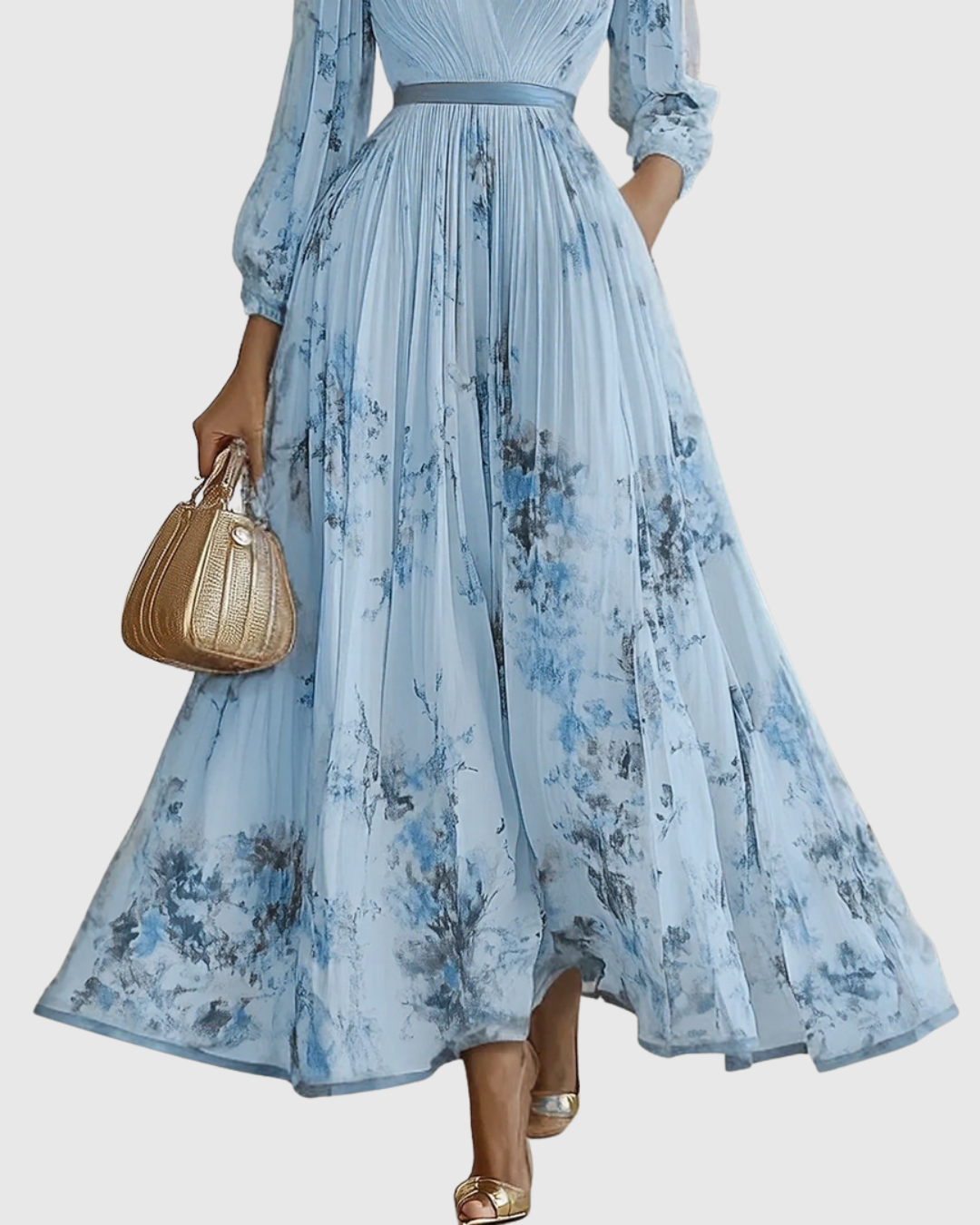 Vestido midi con cuello en v — falda plisada y bolsillos — eventos