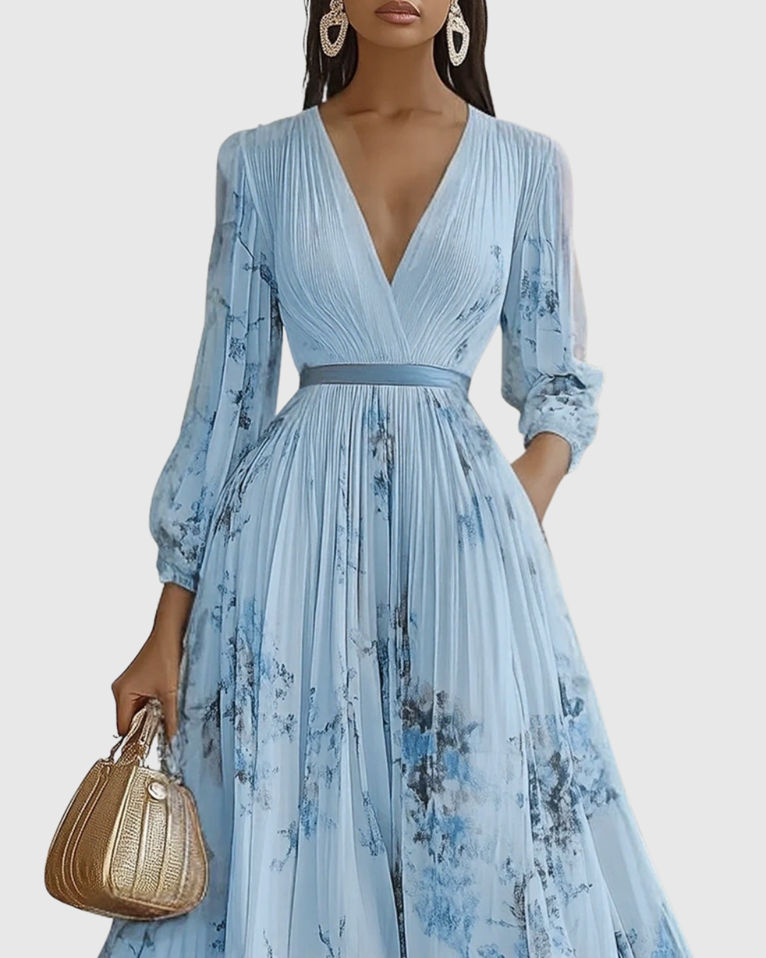 Vestido midi con cuello en v — falda plisada y bolsillos — eventos