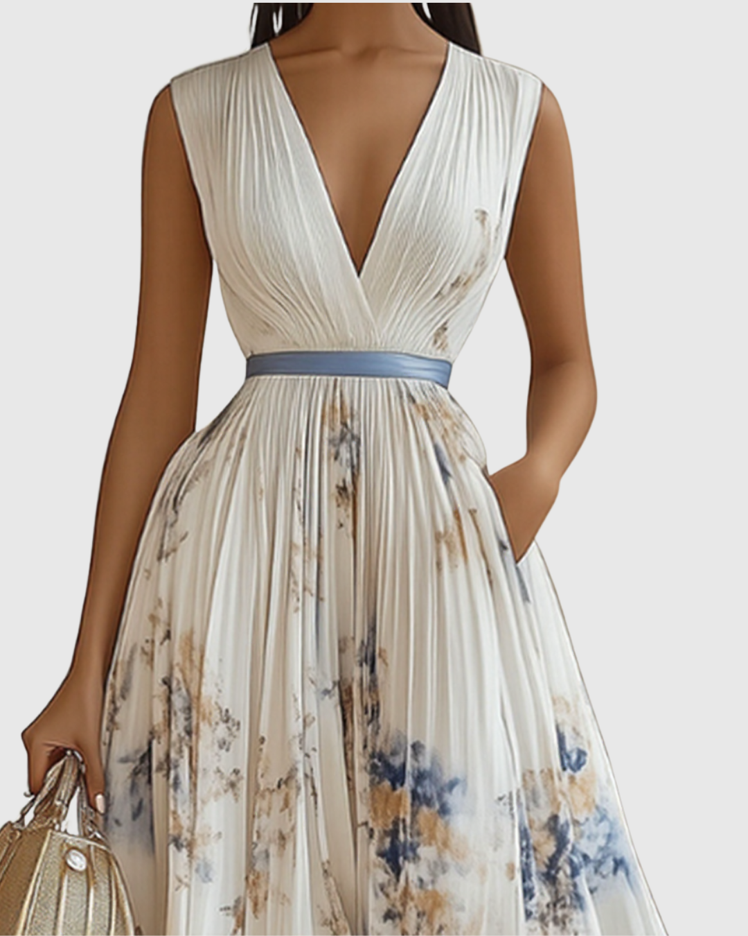 Vestido midi con cuello en v — falda plisada y bolsillos — eventos