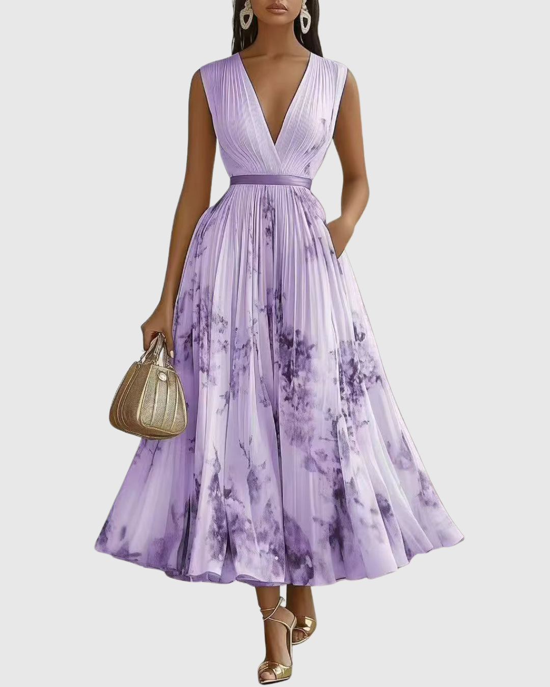 Vestido midi con cuello en v — falda plisada y bolsillos — eventos