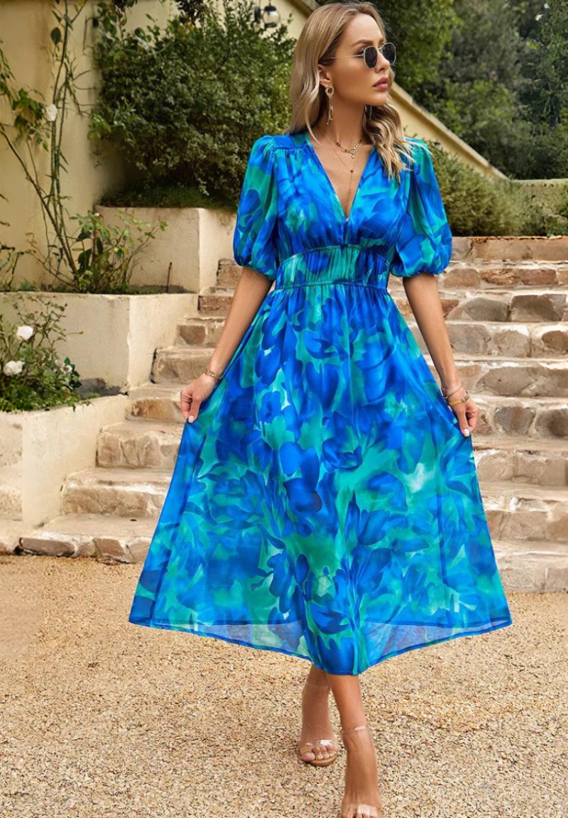 Vestido midi para mujer - falda evasé con escote en V - casual
