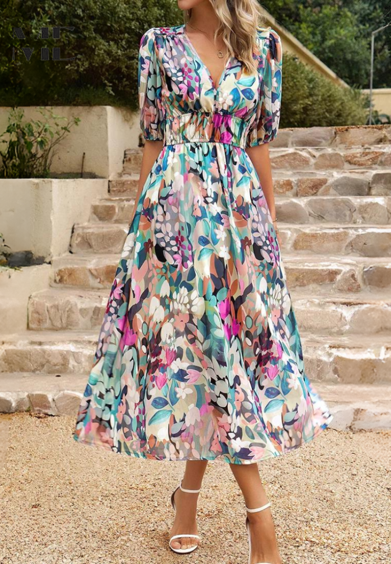 Vestido midi para mujer - falda evasé con escote en V - casual