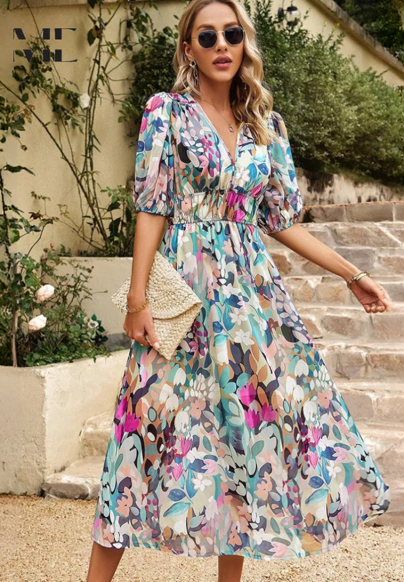 Vestido midi para mujer - falda evasé con escote en V - casual