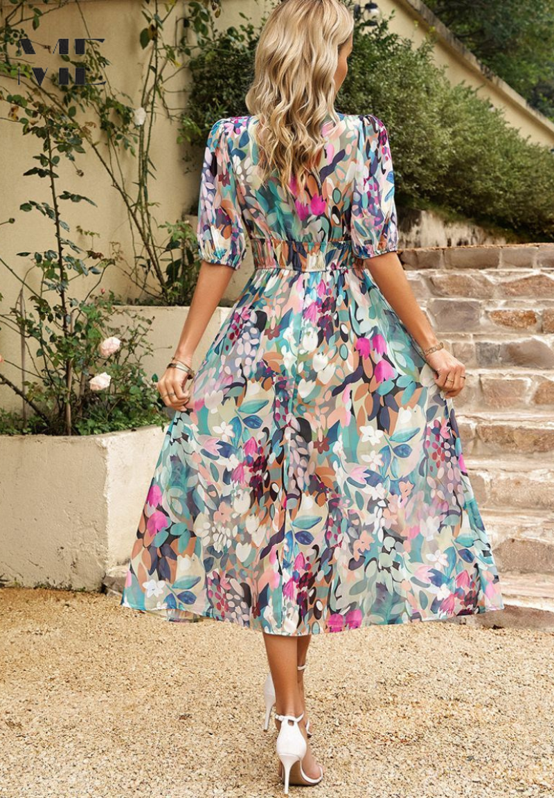 Vestido midi para mujer - falda evasé con escote en V - casual
