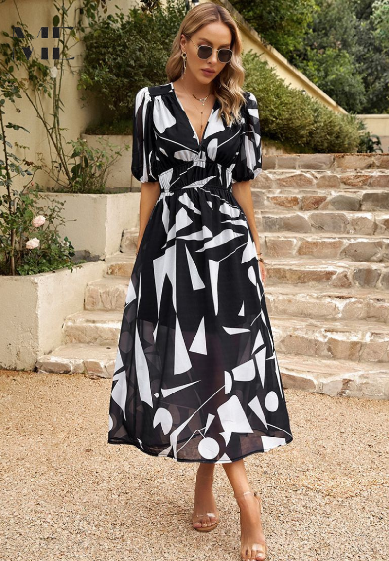 Vestido midi para mujer - falda evasé con escote en V - casual