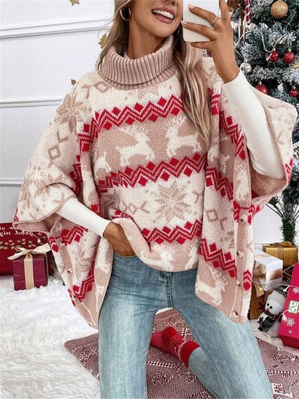 Suéter Poncho de Mujer con Cuello Alto Doblado y Motivos de Renos Fair Isle