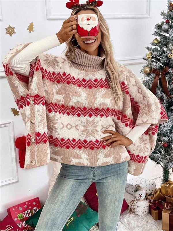 Suéter Poncho de Mujer con Cuello Alto Doblado y Motivos de Renos Fair Isle