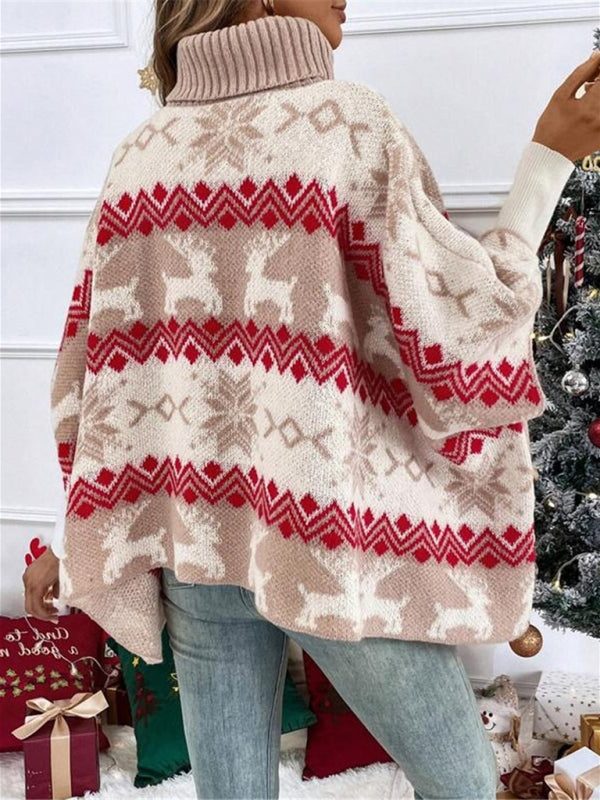 Suéter Poncho de Mujer con Cuello Alto Doblado y Motivos de Renos Fair Isle