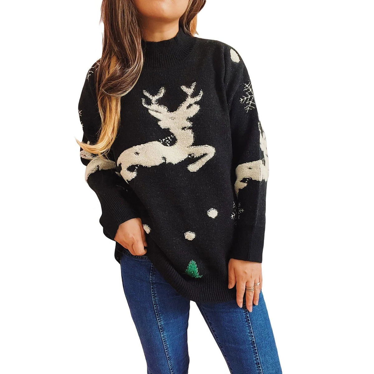 Jersey Navideño de Punto para Mujer con Cuello Redondo y Gran Reno en el Frente