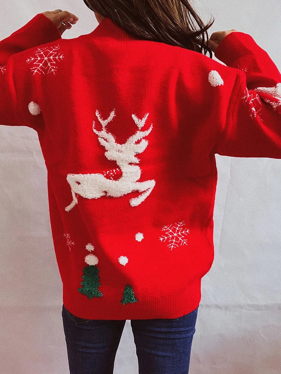Jersey Navideño de Punto para Mujer con Cuello Redondo y Gran Reno en el Frente