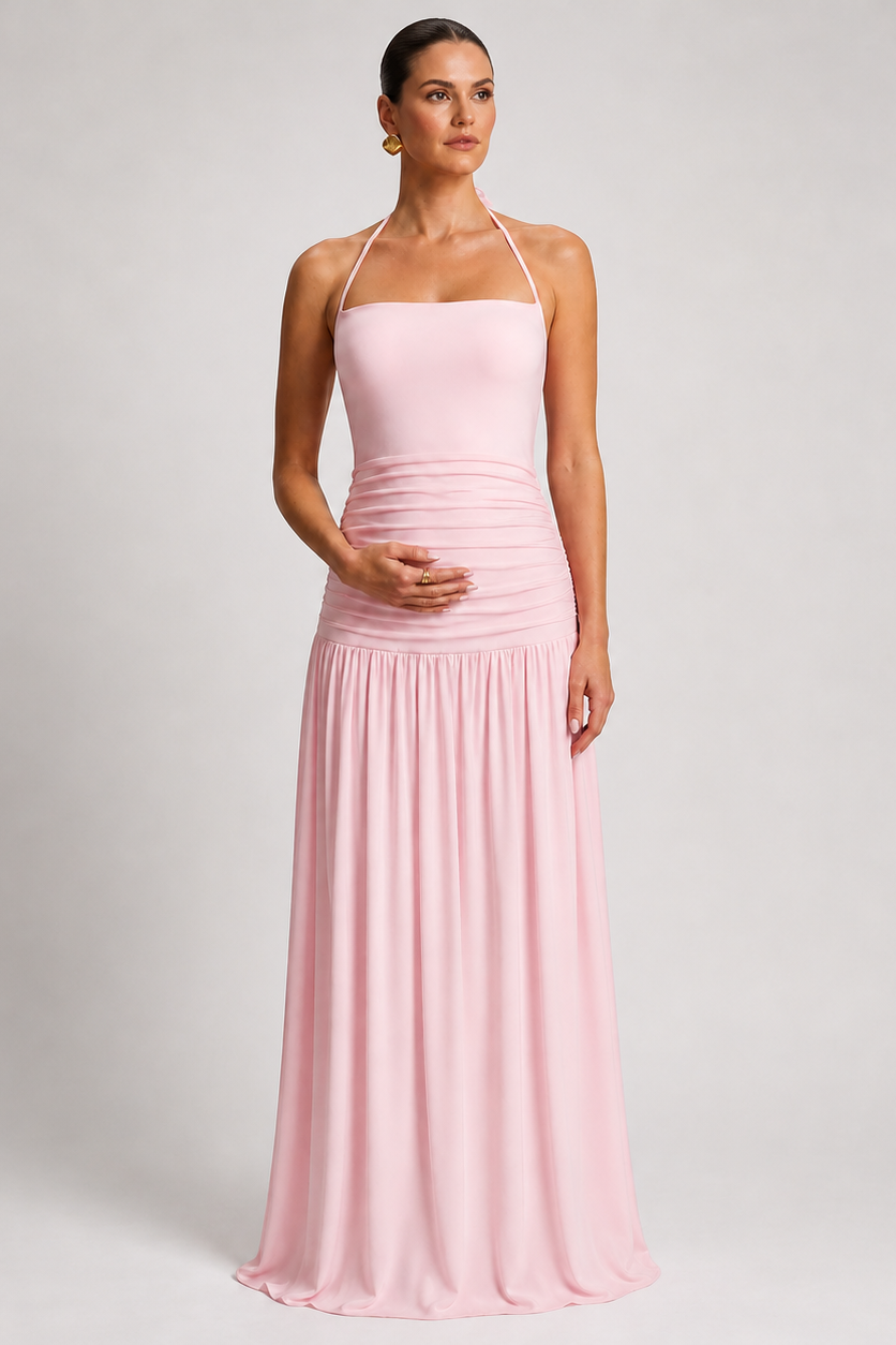 Vestido maternidad largo halter plisado