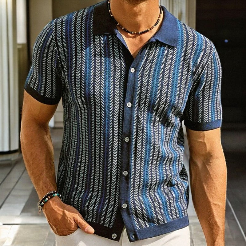 Polo de Punto para Hombre de Manga Corta con Rayas Verticales y Cierre de Botones