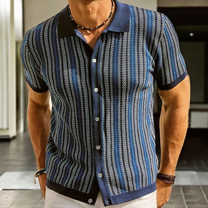 Polo de Punto para Hombre de Manga Corta con Rayas Verticales y Cierre de Botones
