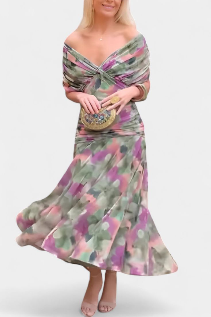 Vestido largo mujer — escote en V y cuerpo fruncido — boda