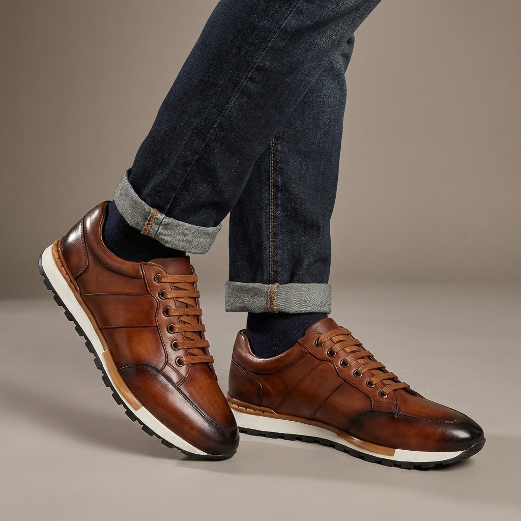 Zapatillas de Cuero Genuino para Hombre con Cordones y Suela de Goma Antideslizante