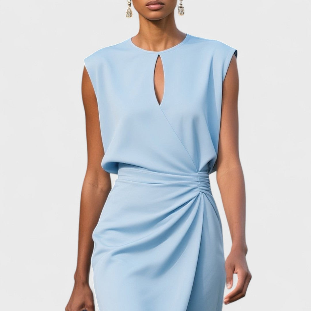 Vestido Midi Cruzado con Pliegues Laterales y Cuello Redondo para Mujer