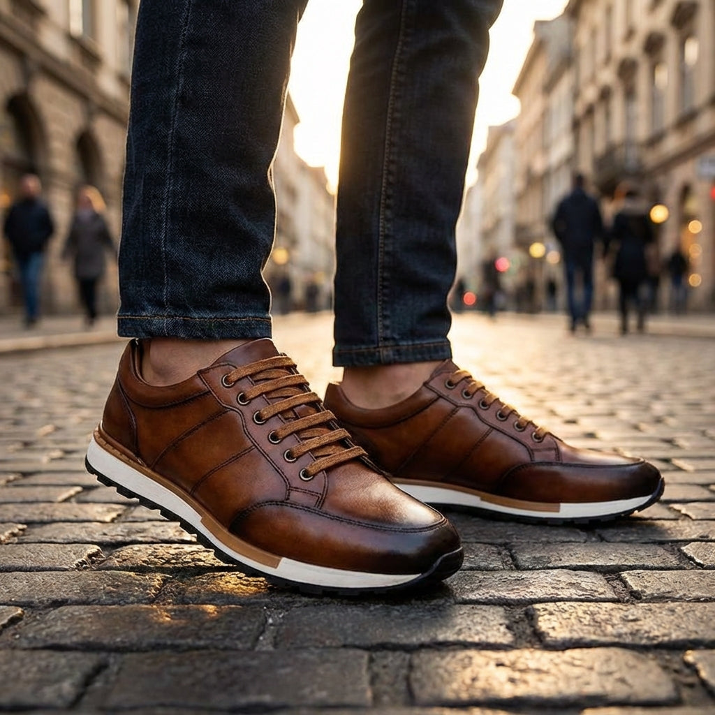 Zapatillas de Cuero Genuino para Hombre con Cordones y Suela de Goma Antideslizante