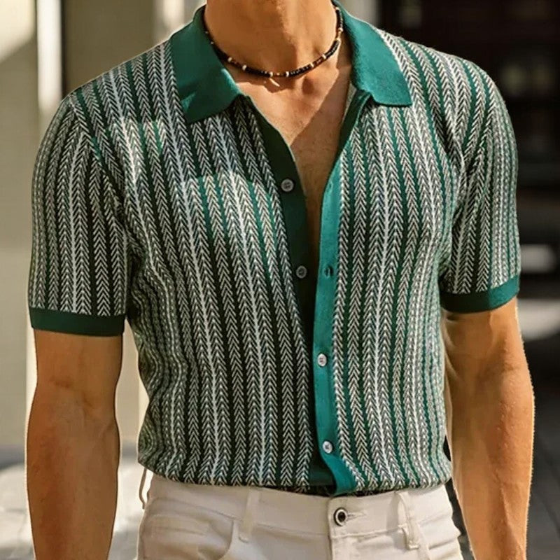 Polo de Punto para Hombre de Manga Corta con Rayas Verticales y Cierre de Botones