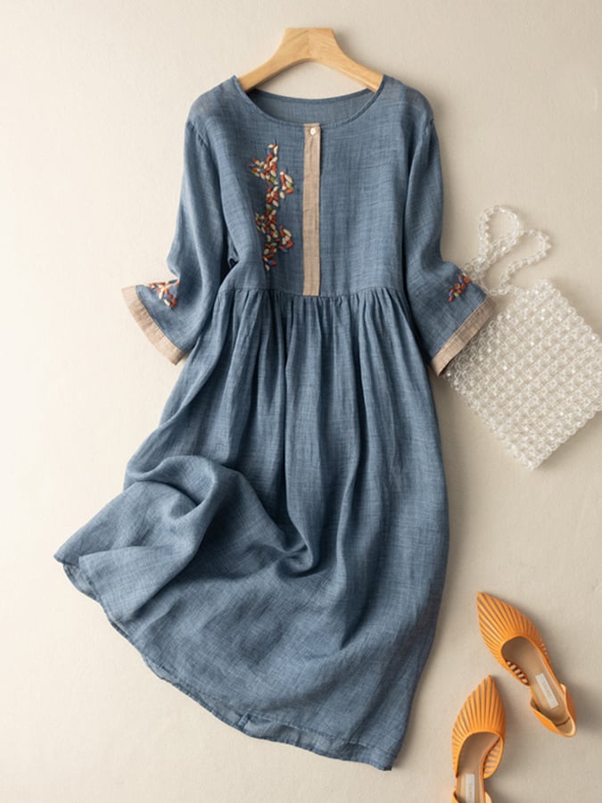 Vestido bordado algodón lino | corte holgado | estilo bohemio | diario