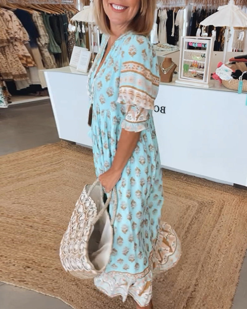 Vestido mujer estampado | cuello en V | mangas medias | uso diario