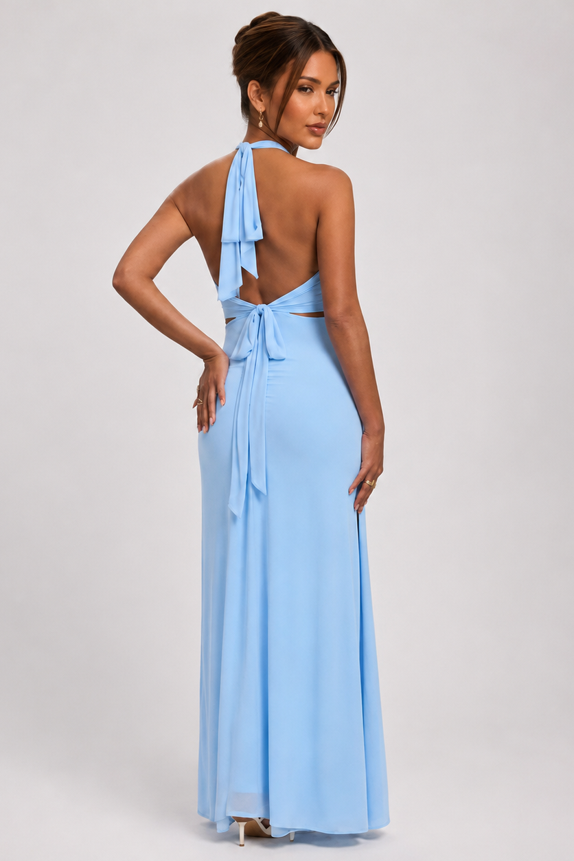 Vestido maternidad largo halter con abertura lateral