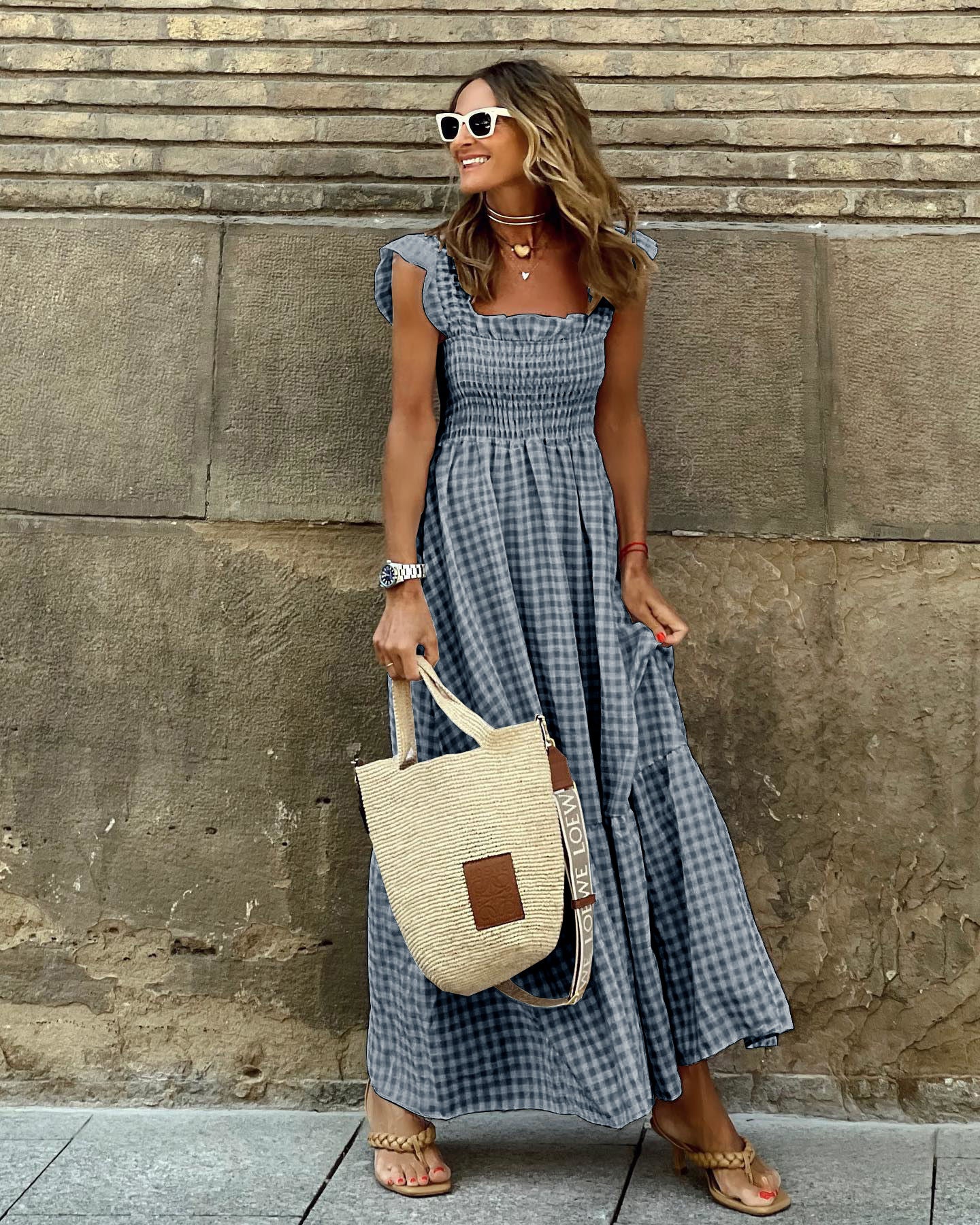 Vestido largo de cuadros | vestido midi con cuerpo fruncido