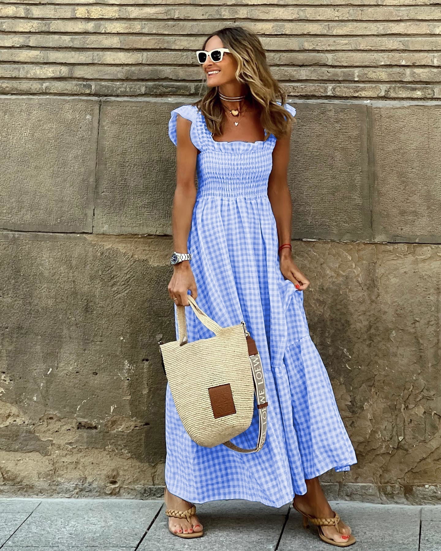 Vestido largo de cuadros | vestido midi con cuerpo fruncido