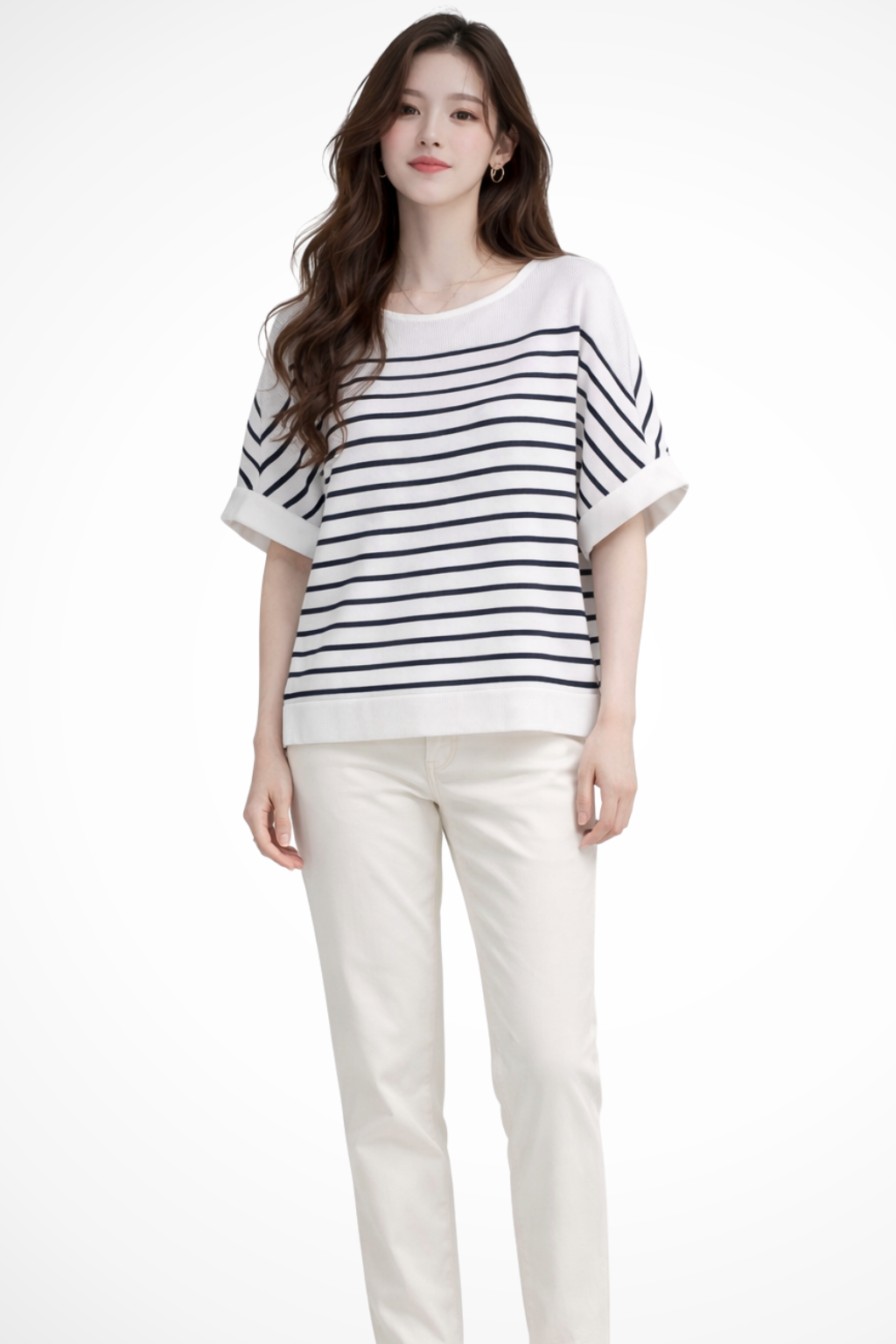 Camiseta de Rayas para Mujer con Cuello Redondo y Ajuste Oversize