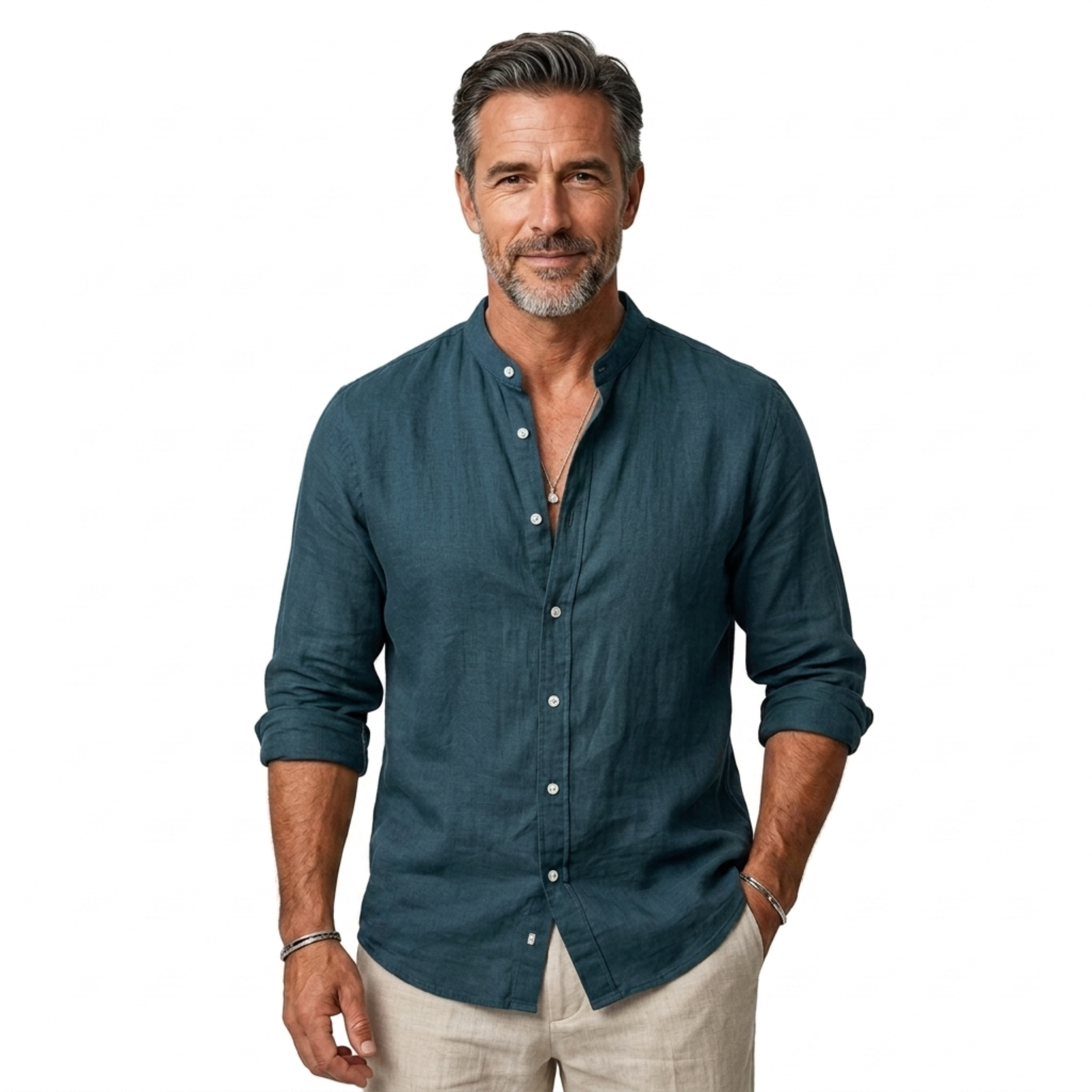 Camisa de lino hombre — cuello clásico y mangas ajustables para diario