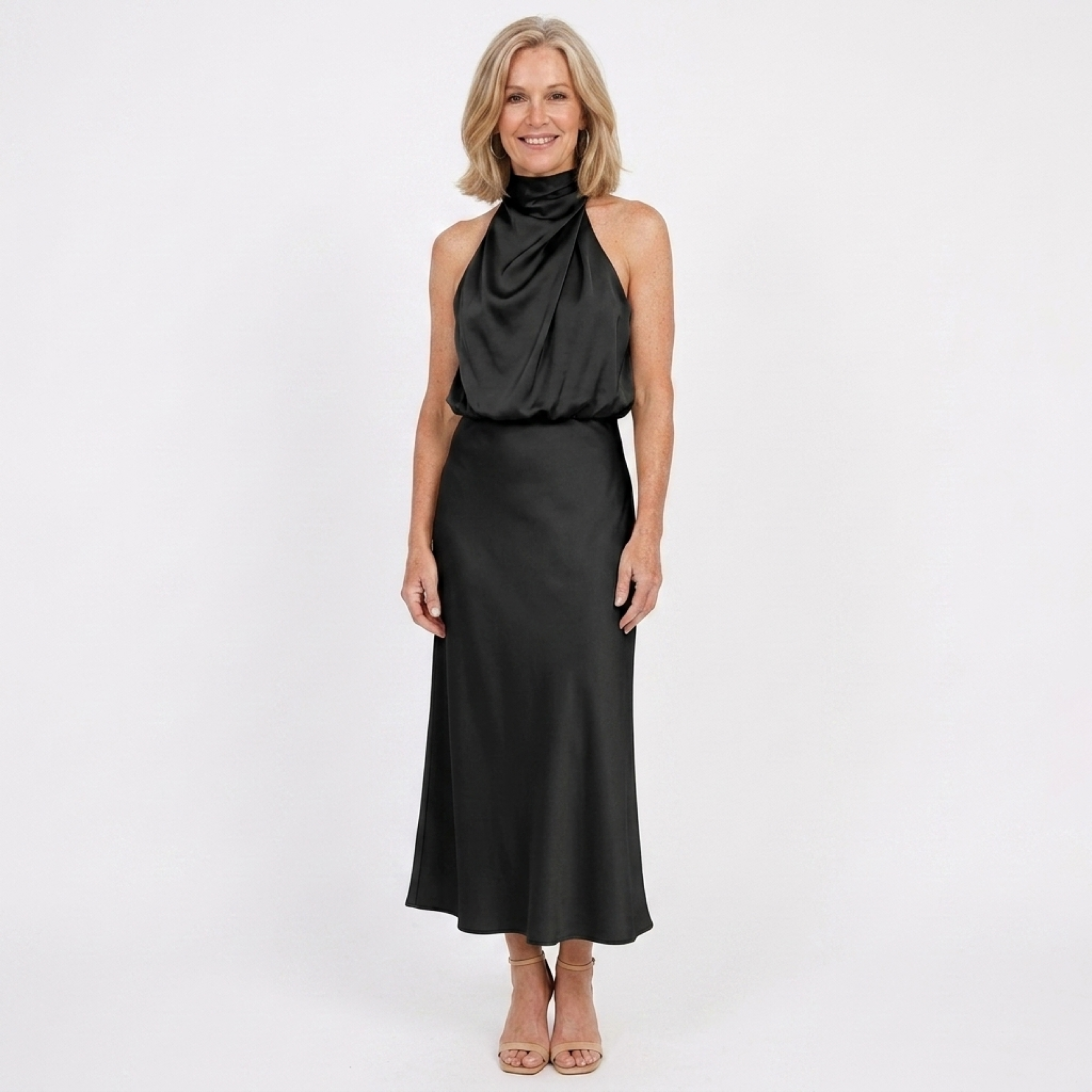 Vestido largo satén — cuello alto para eventos formales