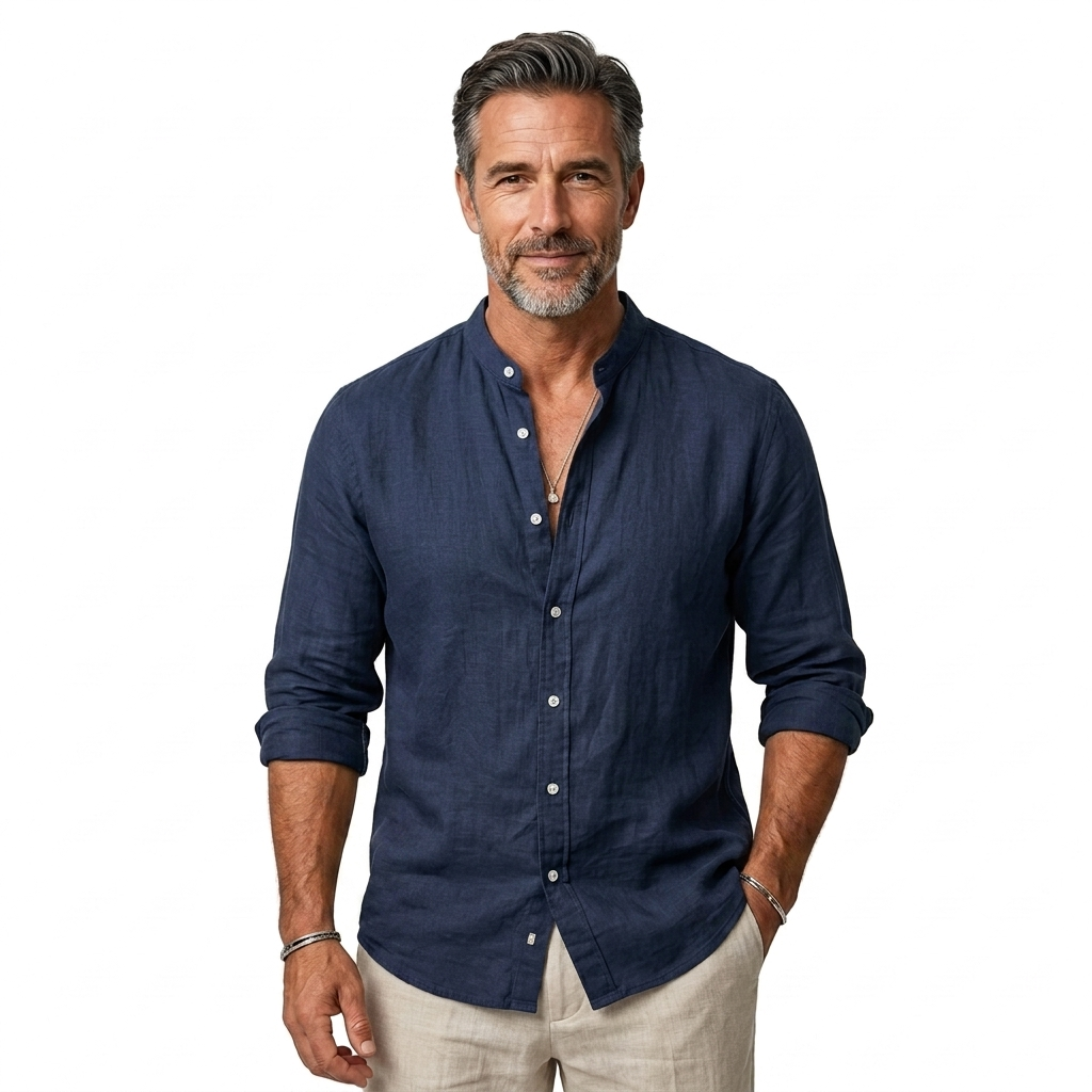 Camisa de lino hombre — cuello clásico y mangas ajustables para diario