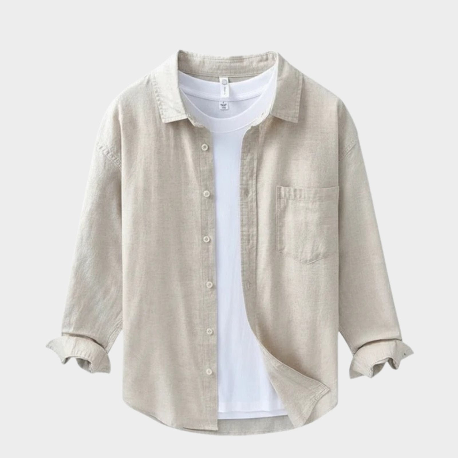 Camisa de Algodón y Lino para Hombre de Manga Larga con Cuello de Solapa y Botones