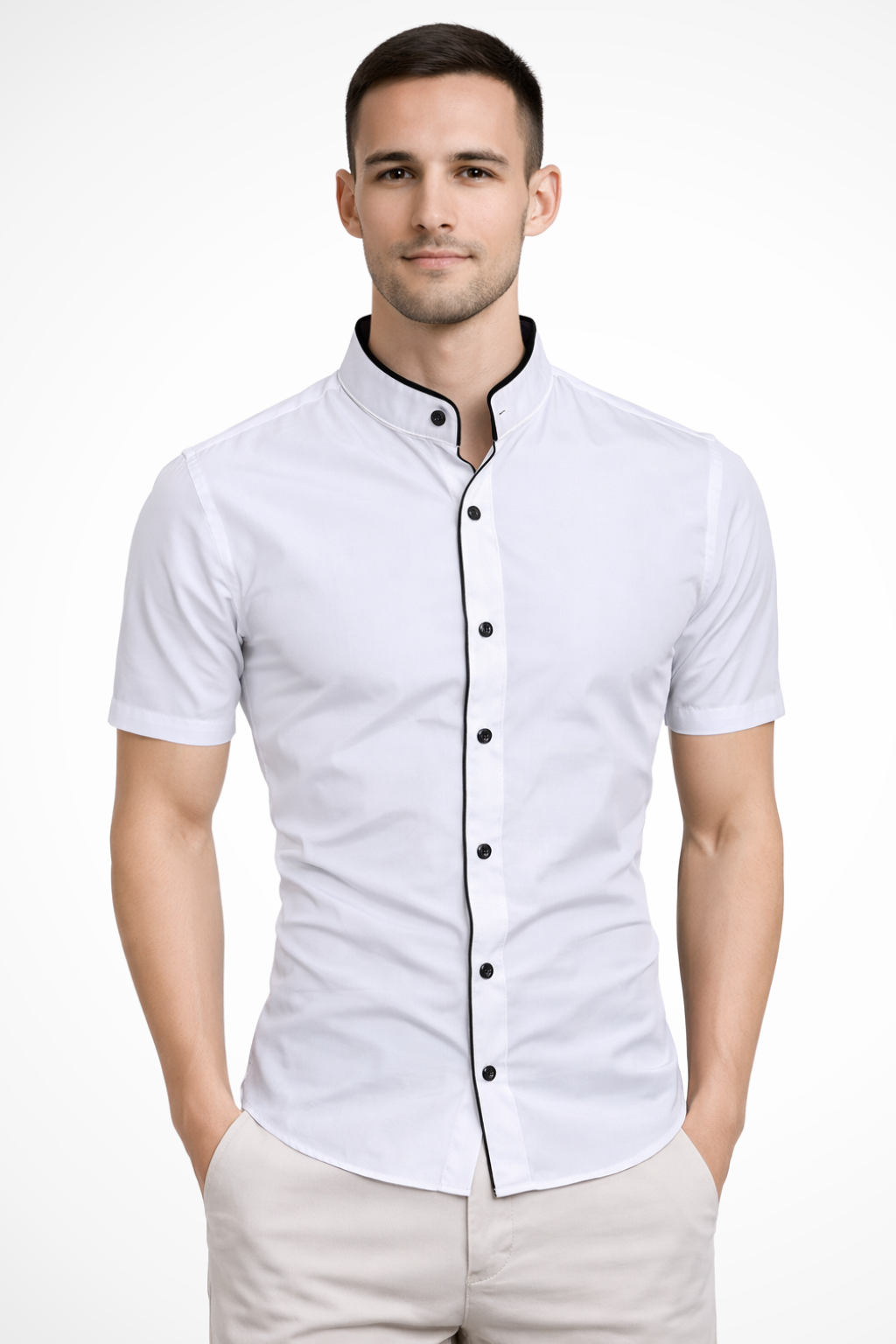 Camisa de Manga Corta Ajustada para Hombre con Cuello Mao y Ribete en Contraste