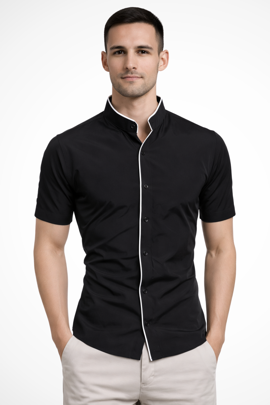 Camisa de Manga Corta Ajustada para Hombre con Cuello Mao y Ribete en Contraste