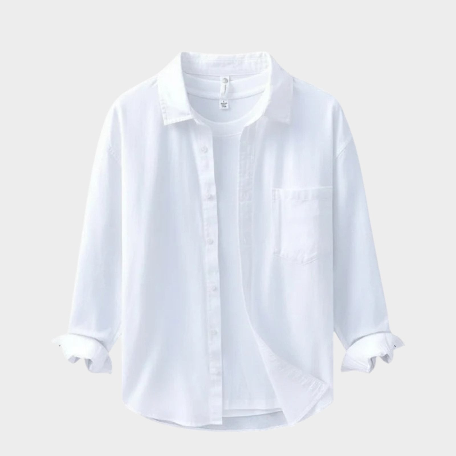Camisa de Algodón y Lino para Hombre de Manga Larga con Cuello de Solapa y Botones