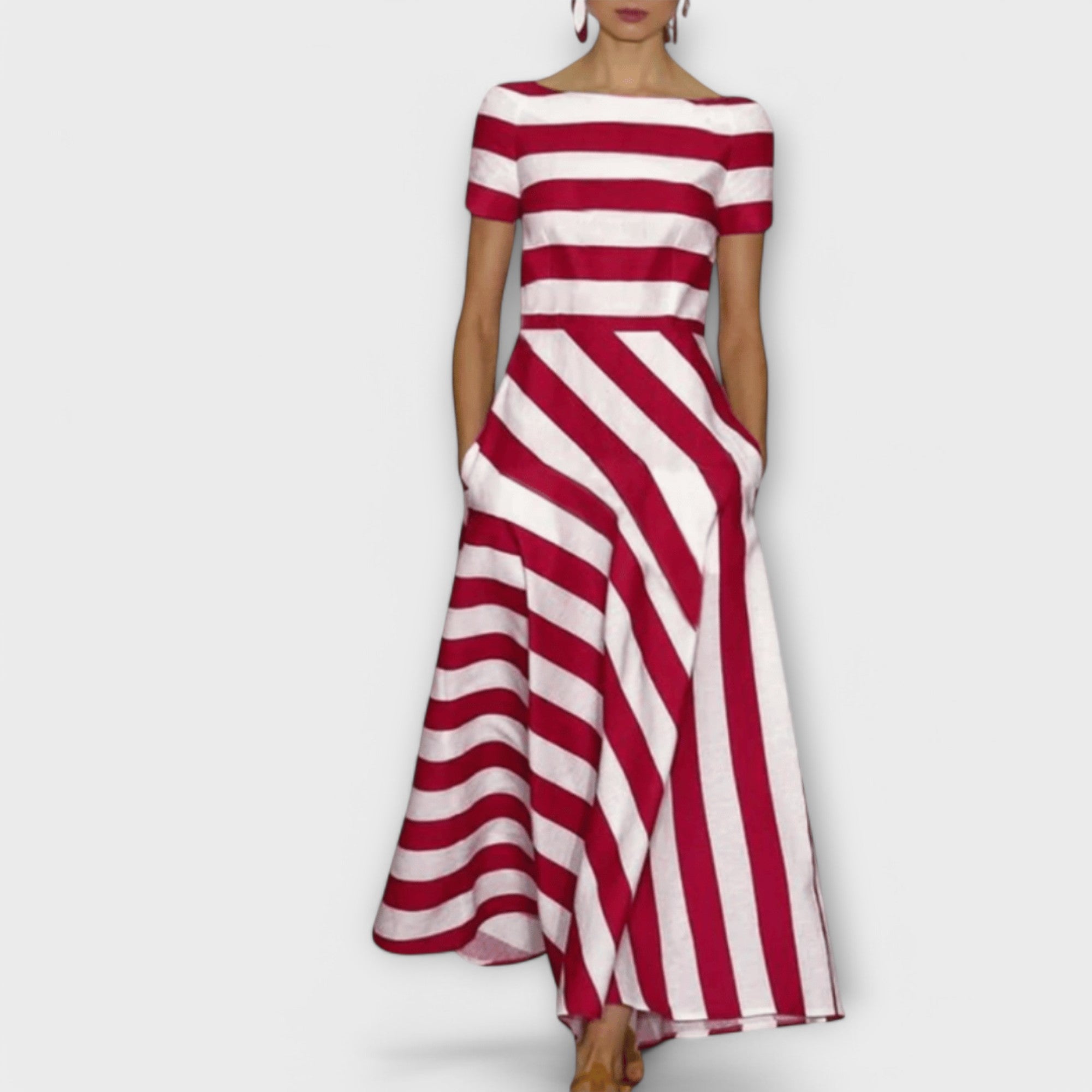 Vestido Largo de Rayas con Cuello Barco y Bolsillos para Mujer