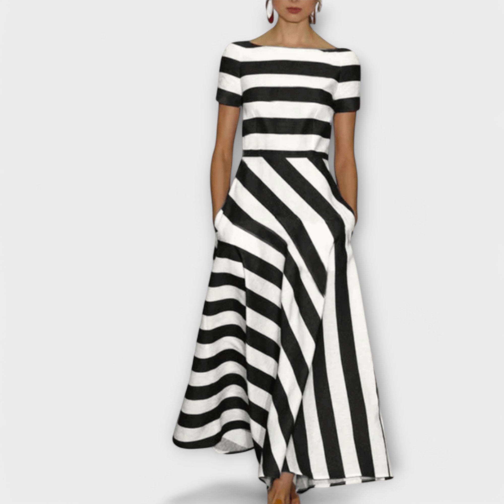 Vestido Largo de Rayas con Cuello Barco y Bolsillos para Mujer
