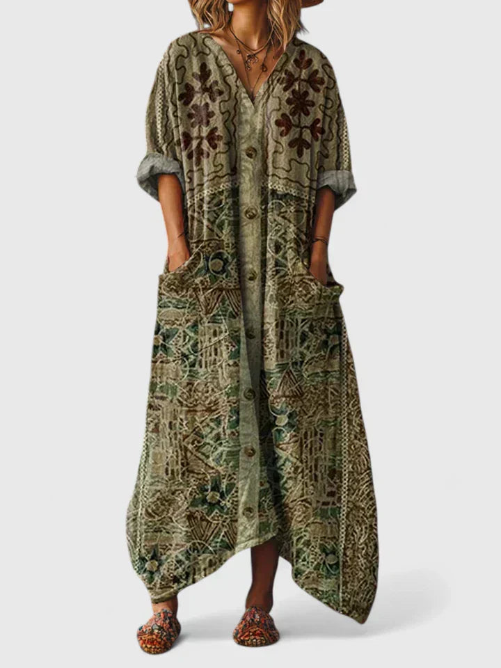 Vestido Largo para Mujer con Cuello en V y Estampado de Flores Estilo Vintage
