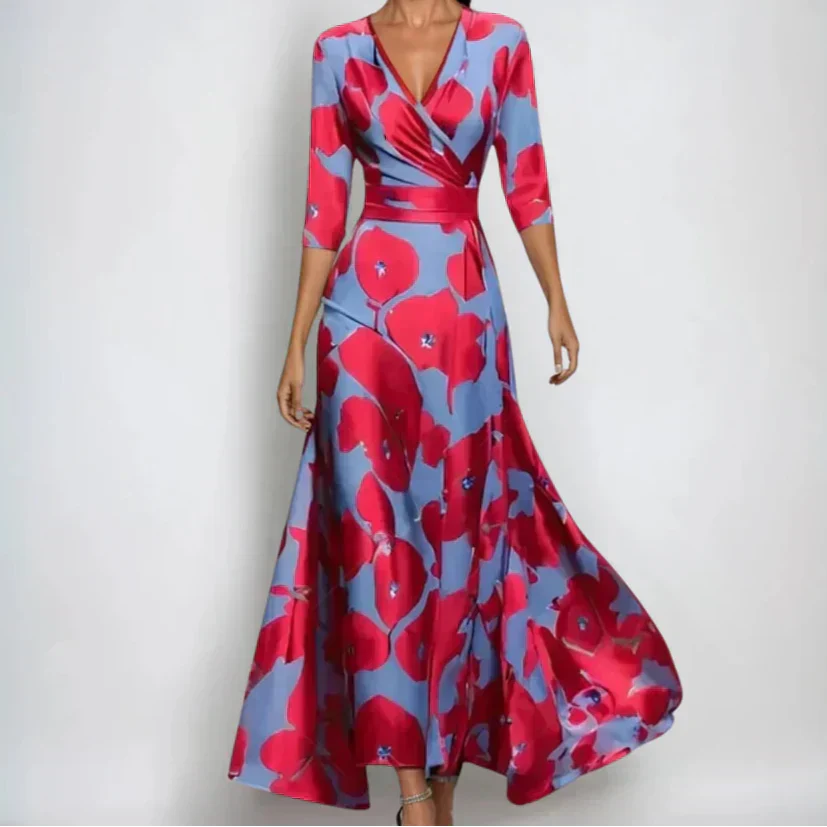 Vestido Largo para Mujer con Escote en V y Estampado Floral de Manga Larga