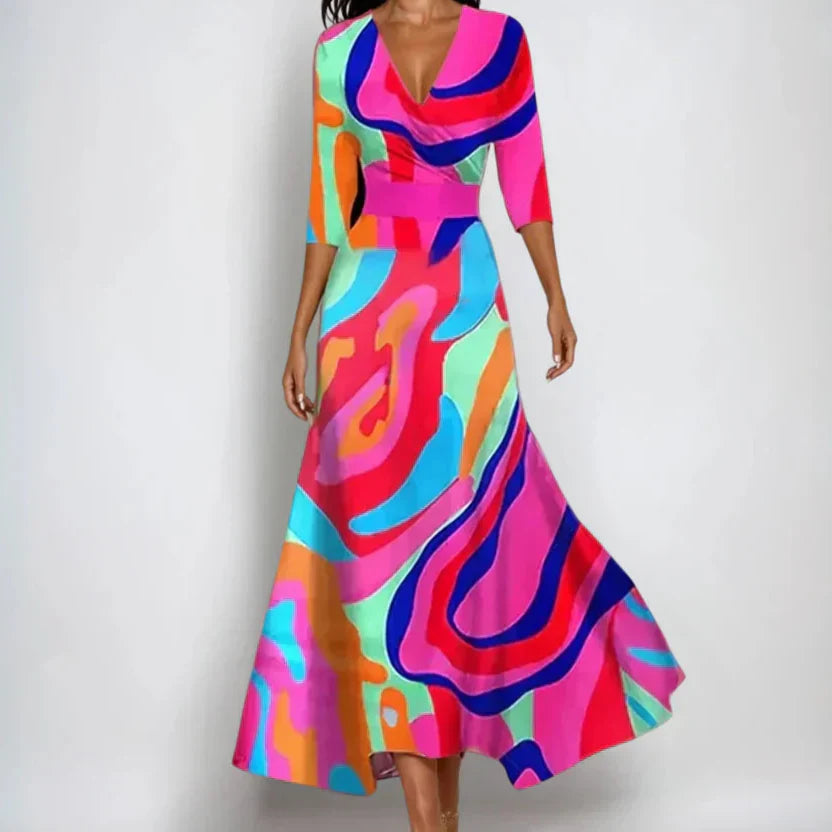 Vestido Largo para Mujer con Escote en V y Estampado Floral de Manga Larga