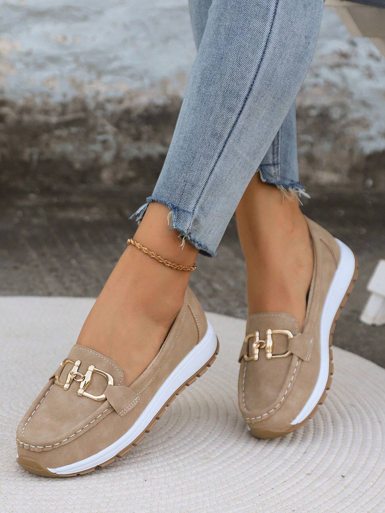 Mocasines Planos con Hebilla de Eslabones y Suela de Goma para Mujer