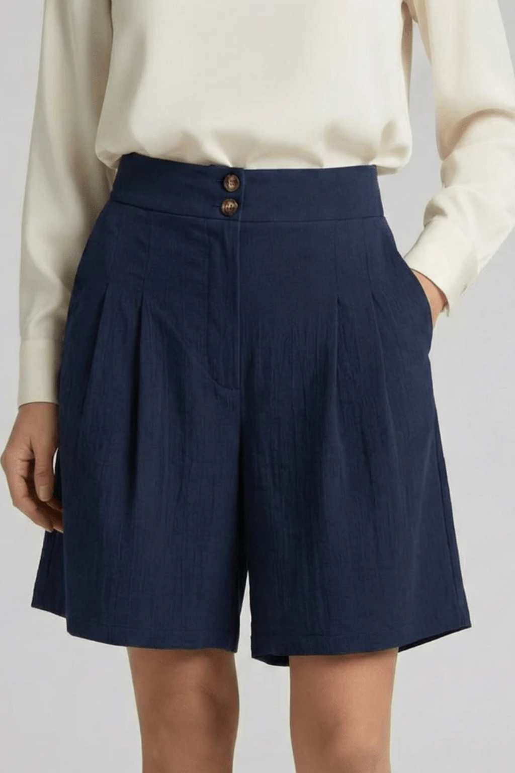 Pantalones Cortos Bermuda de Talle Alto con Pinzas y Corte Sartorial para Mujer